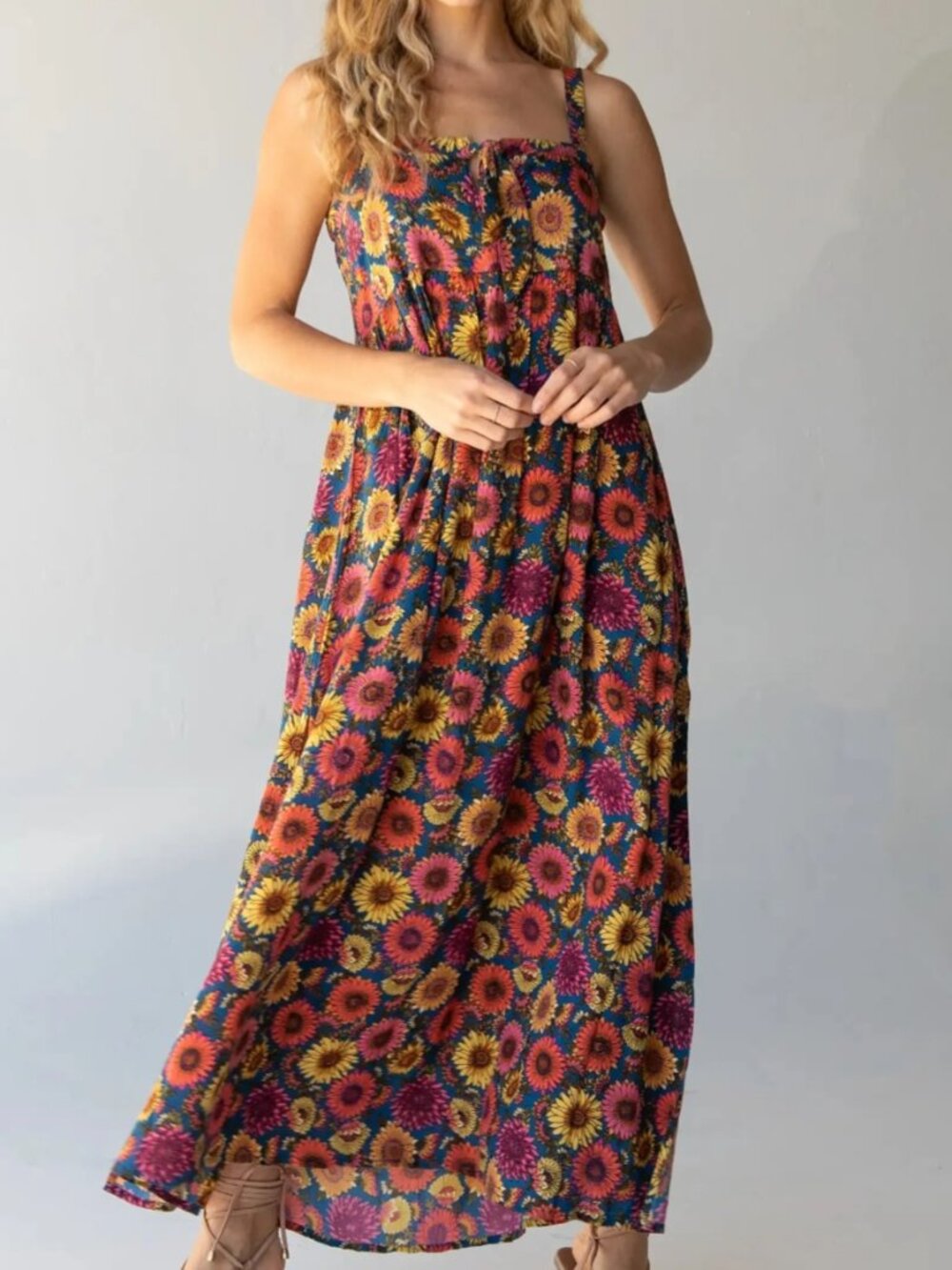 Natural Life Patti Tie Front Dress Size S Maxi Sunflower Floral Slits Boho NEW